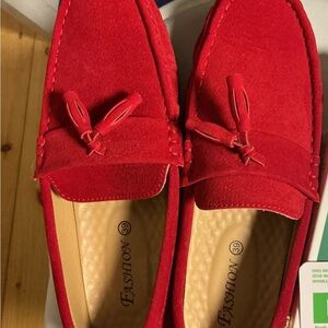 Red Suede Loafers with Bow Detail